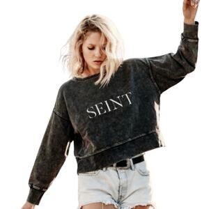 Seint Oversized Crewneck Sweatshirt NWT Womens S Acid Wash Black Gray Streetwear